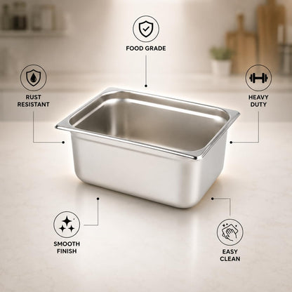 GURUBHAI EQUIPMENTS GN Pan 1/2 Size - 150mm (6" Deep) Stainless Steel Gastronorm Food Container | Commercial-Grade Storage Pan for Buffet, Catering & Restaurant Use | Durable & Easy-to-Clean