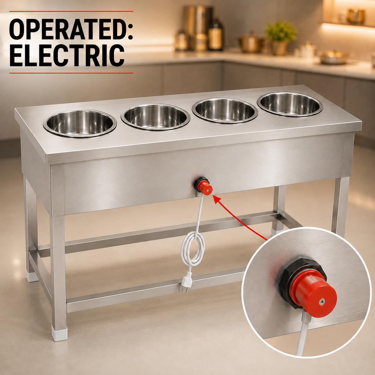 Gurubhai Equipments Long Size 4 Pot Electric Food Warmer Counter Stainless Steel Bain Marie for Buffet Restaurant Hotel