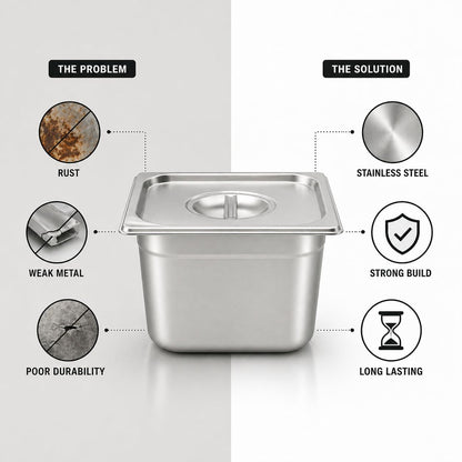 GURUBHAI EQUIPMENTS Gn Pan Food Container 1/2 100mm (4" Deep) Stainless Steel Gastronorm Pan with Lid-(Set of 1) – Easy-to-Clean Food Storage Solution for Commercial Kitchens, Catering use