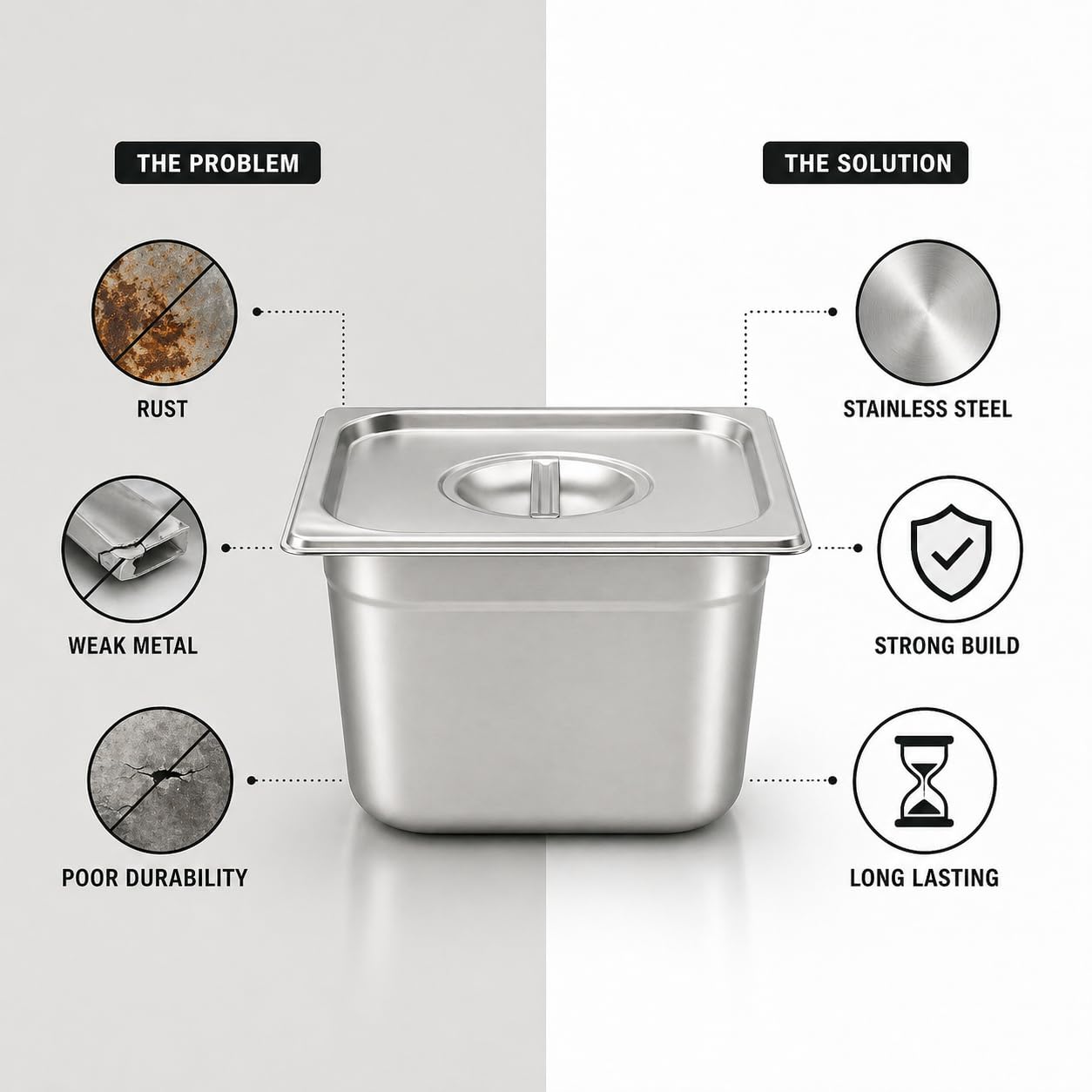 GURUBHAI EQUIPMENTS GN Pan Food Container 1/6 150mm (6" Deep) Stainless Steel Gastronorm Pan, Easy-to-Clean Food Storage Solution for Commercial Kitchen & Catering Use