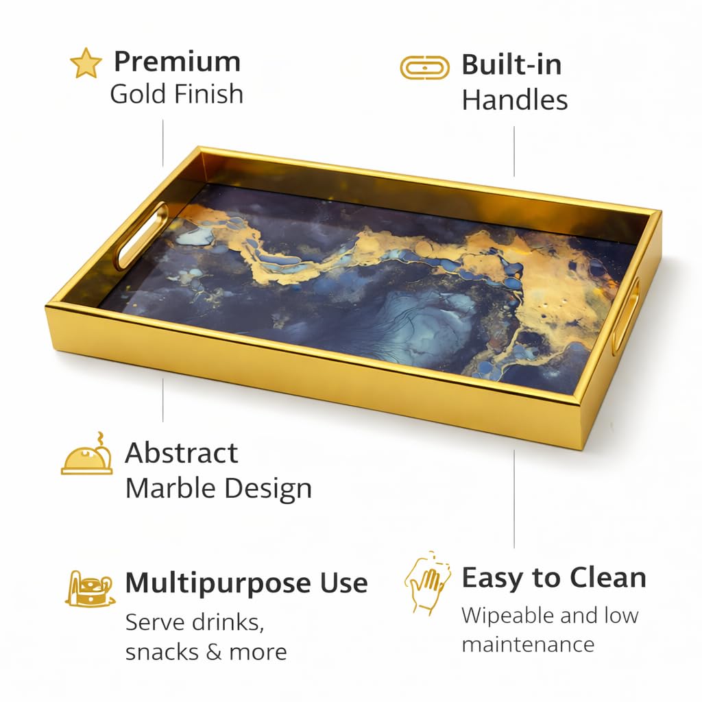 Gurubhai Equipments Luxury Serving Tray Set of 2 with Handles | Gold Metal Frame Abstract Blue Marble Design | Premium Decorative Trays for Dining, Home Décor, Gifting & Hotels