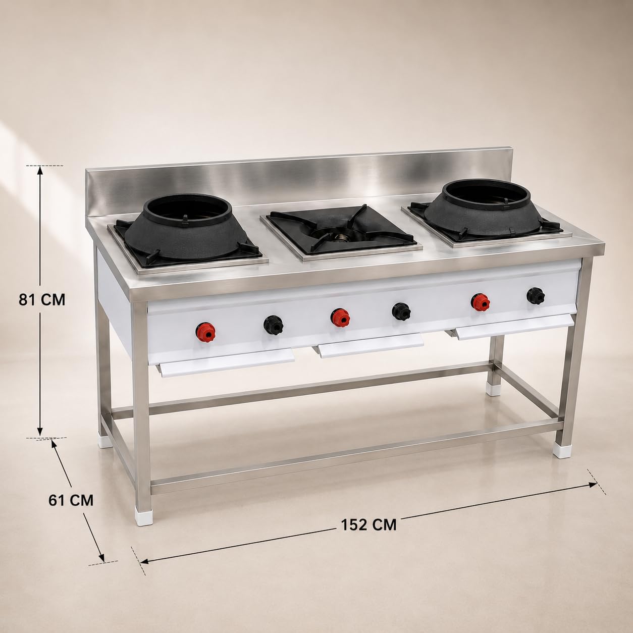 Gurubhai Equipments Stainless Steel Commercial Single Burner Gas Stove Table with Worktop Backsplash & Under Shelf for Hotel Restaurant Kitchen