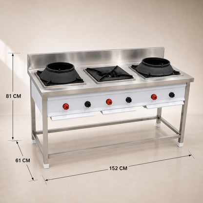 Gurubhai Equipments Stainless Steel Commercial Single Burner Gas Stove Table with Worktop Backsplash & Under Shelf for Hotel Restaurant Kitchen