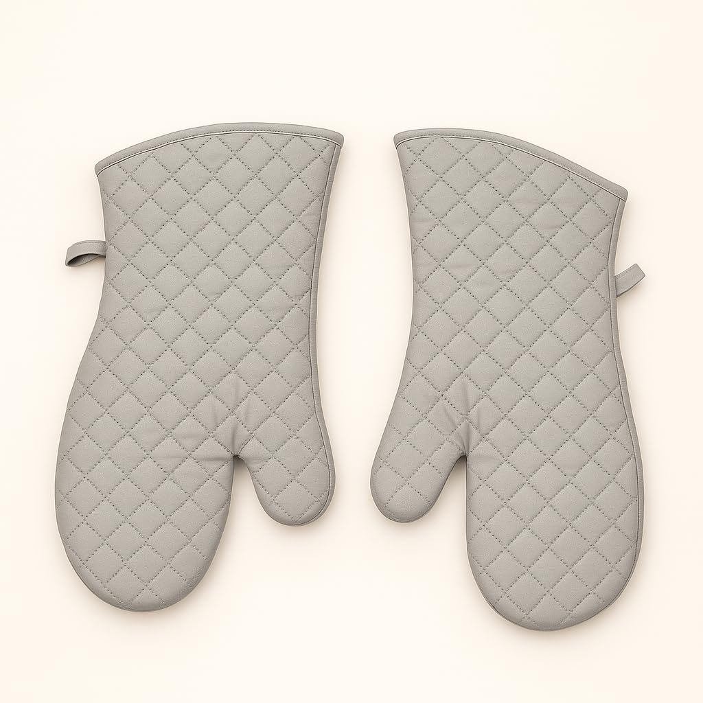Gurubhai Equipments Oven Mitts/Oven Gloves – Heat Resistant Quilted Cotton Oven Glove for Kitchen | Extra Thick, Non-Slip Hand Gloves for Baking, Cooking & BBQ – Grey (1 Pair)