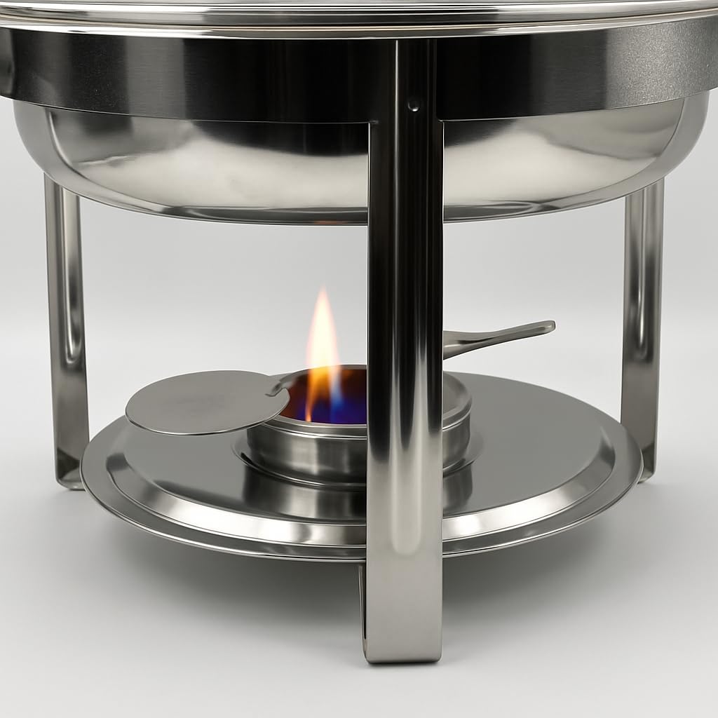 Gurubhai Equipments Premium Gold Finish Chafing Dish with Lid – Round Buffet Food Warmer with Fuel Burner | Elegant Hot Serving Chafer for Catering, Hotel, Restaurant & Party Use