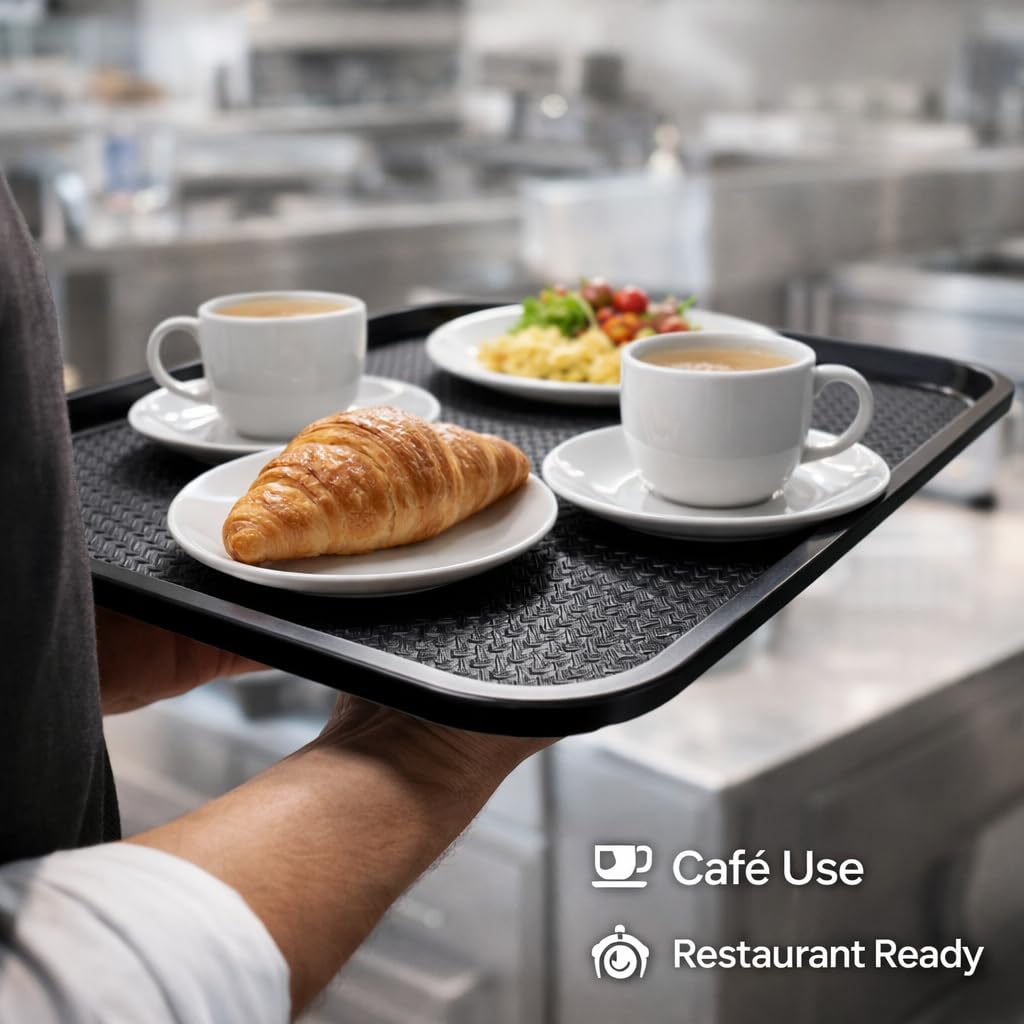 Gurubhai Equipments 31x41 cm Black Plastic Serving Tray – Set of 6 Heavy-Duty Rectangular Fast Food Trays for Restaurant, Cafeteria, Kitchen & Home Use | Easy-to-Clean, Non-Slip Food Serving Trays