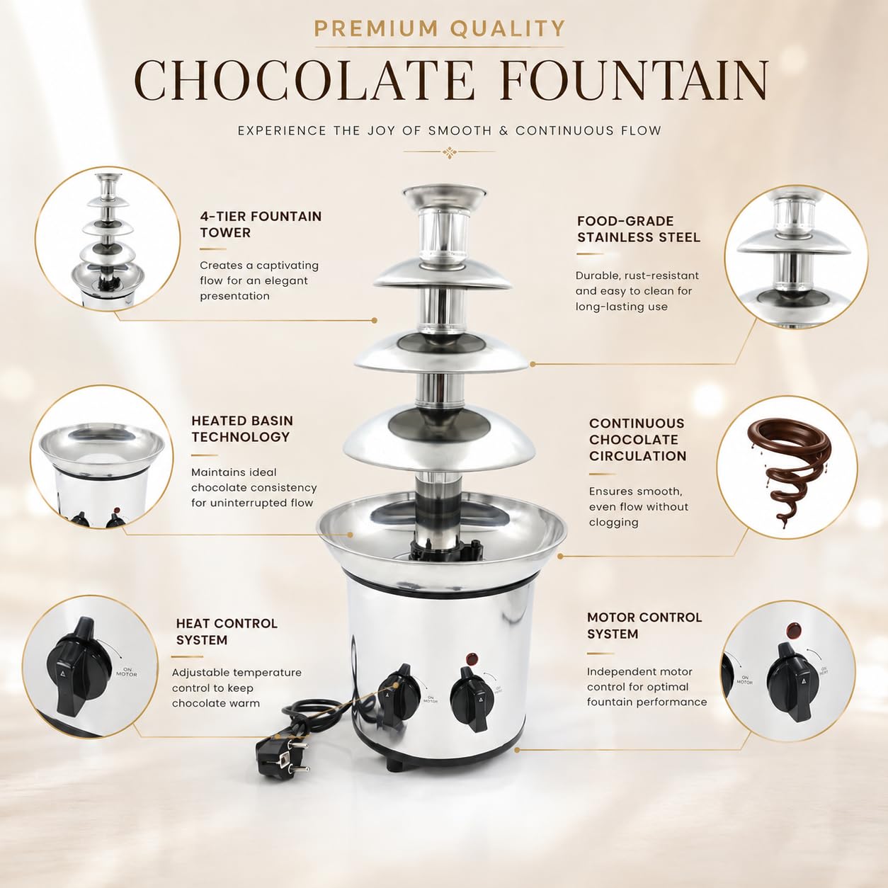 Gurubhai Equipments Electric Chocolate Fountain Machine with Stainless Steel Tower | 3-Tier Chocolate Fountain | Motor & Heating Control for Parties, Hotels, Catering & Events