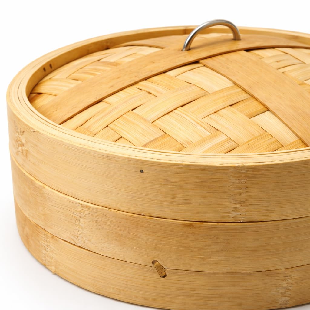 Gurubhai Equipments Bamboo Steamer Basket with Lid – 1 Tier Round | Traditional Wooden Steamer for Momos, Dim Sum, Dumplings & Vegetables | Eco-Friendly Bamboo Food Steamer for Healthy Cooking