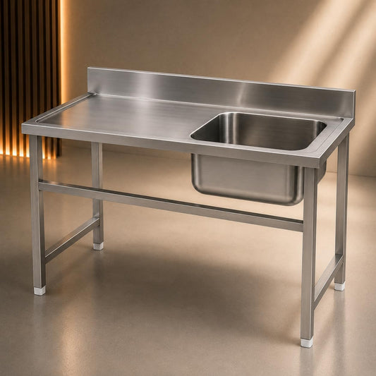 Gurubhai Equipments Stainless Steel Sink Table with Right Side Sink & Worktop | Heavy-Duty Commercial Kitchen Sink with Backsplash & Undercounter Space | Ideal for Restaurants, Hotels & Catering Use