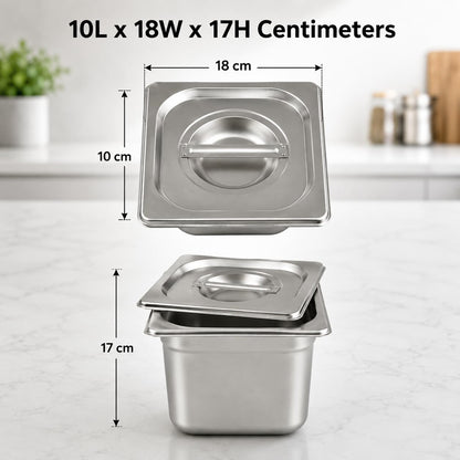 GURUBHAI EQUIPMENTS Stainless Steel 1/6 GN Pan with Lid – 100mm (4" Deep) Gastronorm Food Container | Easy-to-Clean Storage Solution for Commercial Kitchens, Restaurants & Catering (Set of 6)