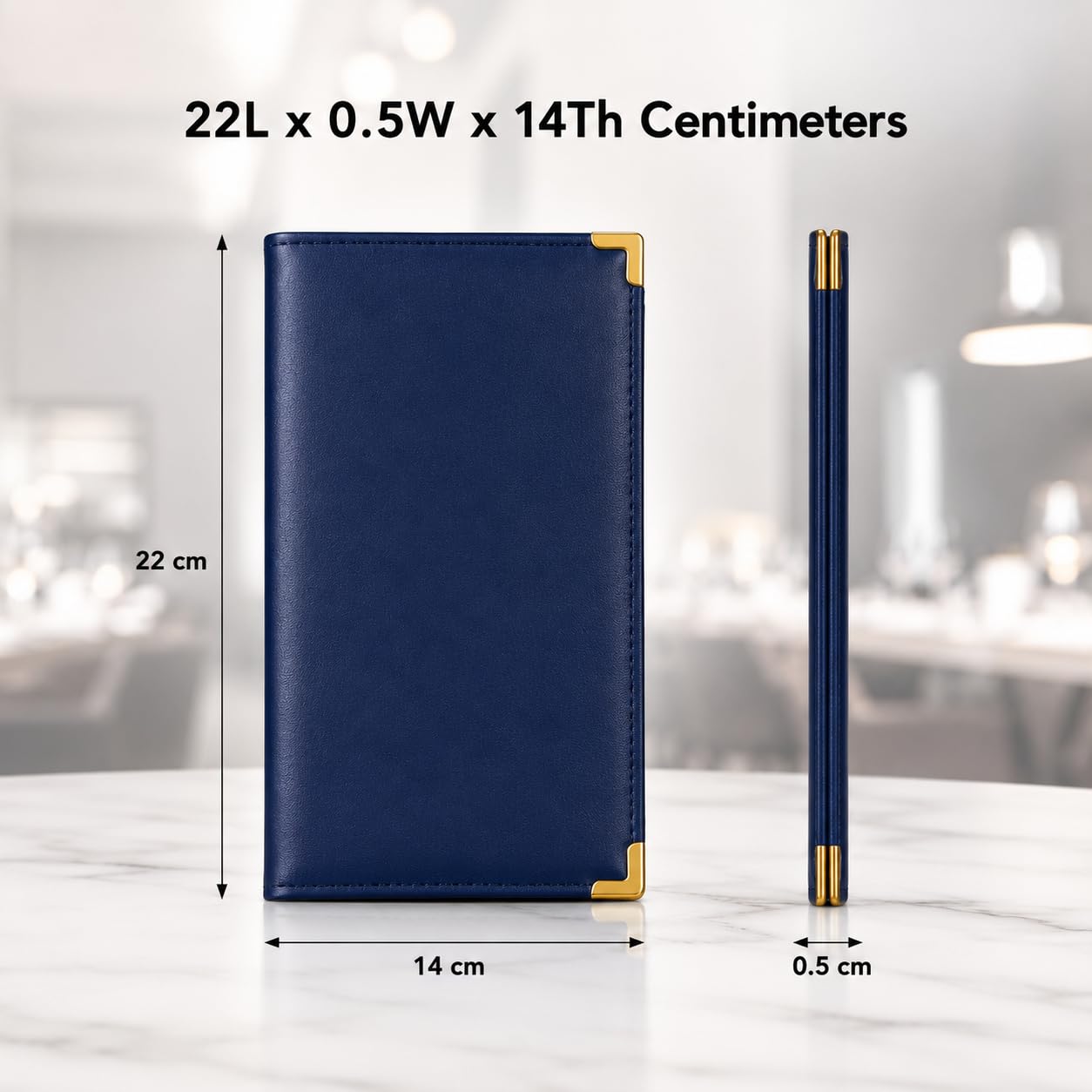Gurubhai Equipments Set of 6 Navy Blue Restaurant Bill Folders – PU Leather Check Presenters with Gold Corners