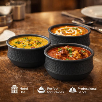 GURUBHAI EQUIPMENTS Melamine Gravy Serving Bowls with Handles | Durable Heat-Resistant Serving Dish for Curry, Dal, Sabzi & Starters | for Home, Hotel & Restaurant Use | Black Finish (Handi-PK6)
