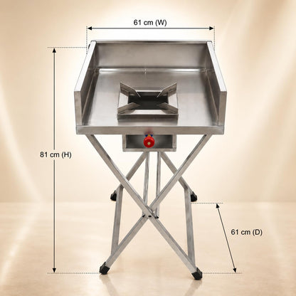 Gurubhai Equipments Stainless Steel Folding Single Burner Gas Stove – Portable Bhatti Range with Side Wall & Control Valve | Ideal for Outdoor Catering, Food Stalls & Commercial Use