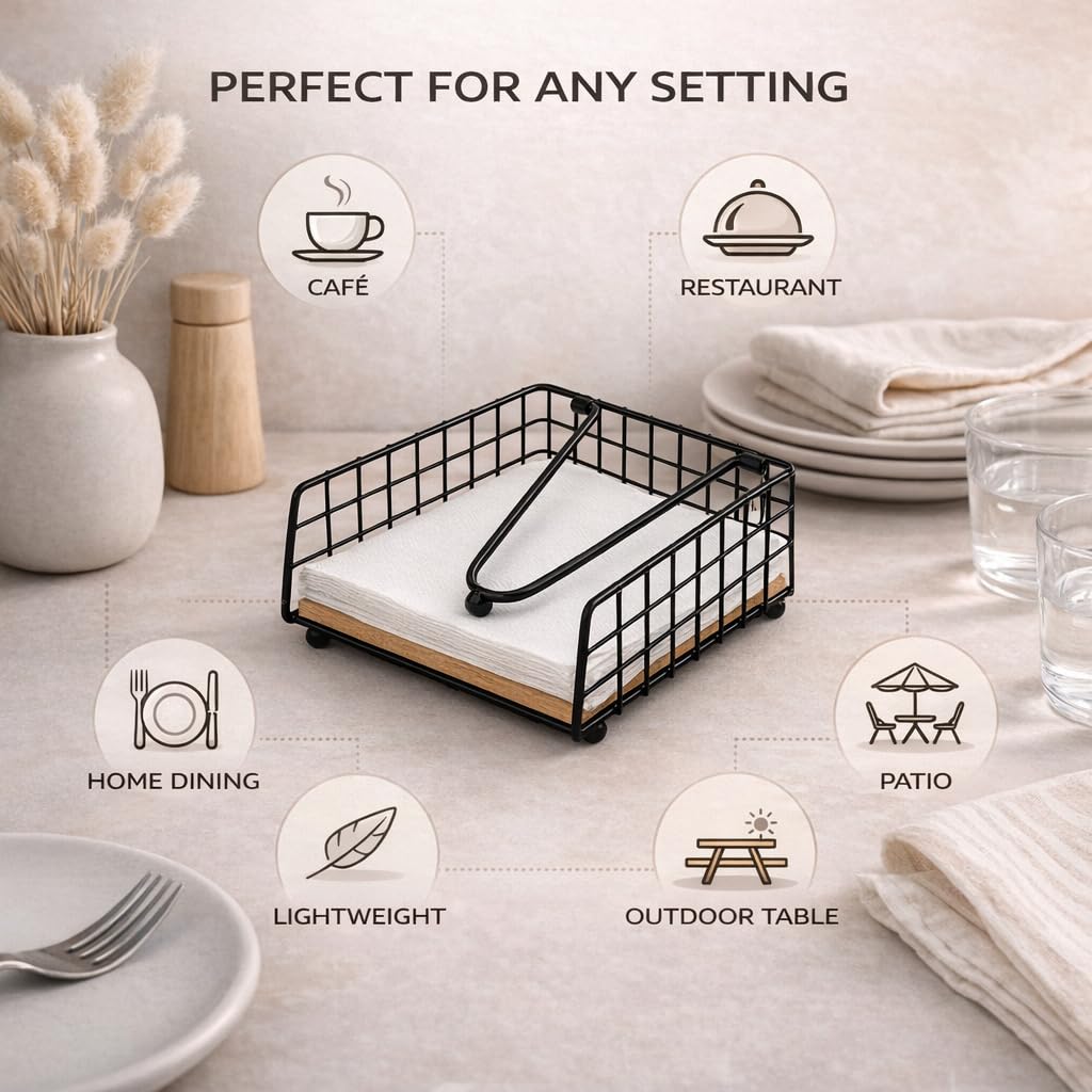Gurubhai Equipments Metal Wire Napkin Holder with Wooden Base | Square Tabletop Tissue Paper Holder with Pressure Arm | Black Napkin Stand for Dining Table, Restaurant & Cafe