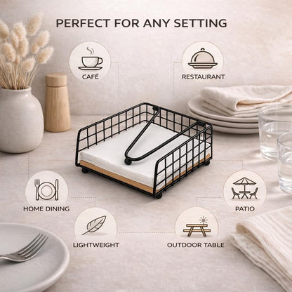 Gurubhai Equipments Metal Wire Napkin Holder with Wooden Base | Square Tabletop Tissue Paper Holder with Pressure Arm | Black Napkin Stand for Dining Table, Restaurant & Cafe