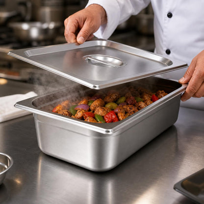 GURUBHAI EQUIPMENTS Gn Pan Food Container 1/2 100mm (4" Deep) Stainless Steel Gastronorm Pan with Lid (Set of 1) - Easy-to-Clean Food Storage Solution for Commercial Kitchens, Catering Use