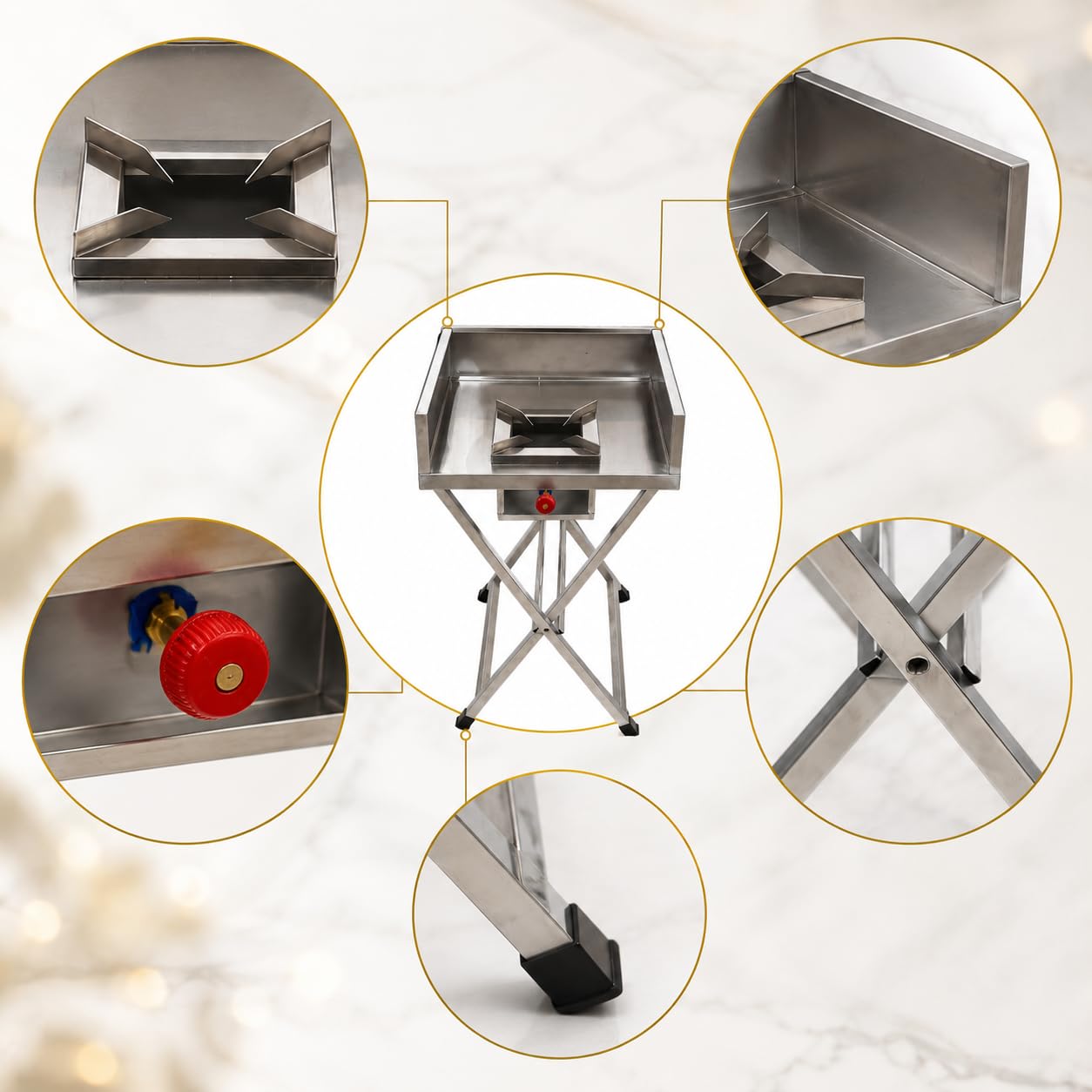 Gurubhai Equipments Stainless Steel Folding Single Burner Gas Stove – Portable Bhatti Range with Side Wall & Control Valve | Ideal for Outdoor Catering, Food Stalls & Commercial Use