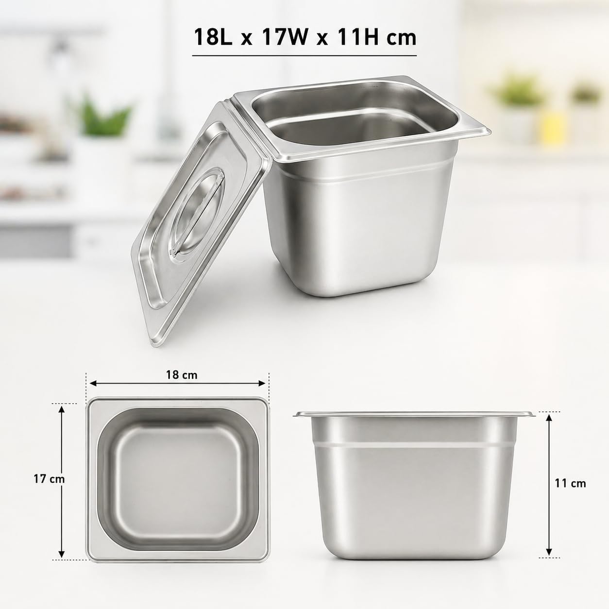 GURUBHAI EQUIPMENTS GN Pan Food Container 1/6 150 mm with lid Stainless Steel Gastronorm Pan with Lid, Easy-to-Clean Food Storage Solution for Commercial Kitchens & Catering Use