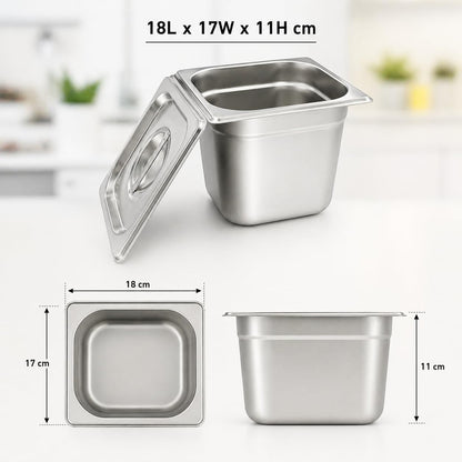 GURUBHAI EQUIPMENTS GN Pan Food Container 1/6 150 mm with lid Stainless Steel Gastronorm Pan with Lid, Easy-to-Clean Food Storage Solution for Commercial Kitchens & Catering Use