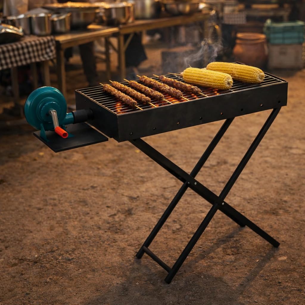 Gurubhai Equipments Commercial Charcoal Grill with Blower & Stand | Heavy Duty Barbecue Bhatti for Roasting & Grilling | Coal BBQ Grill for Restaurants, Catering & Outdoor Cooking