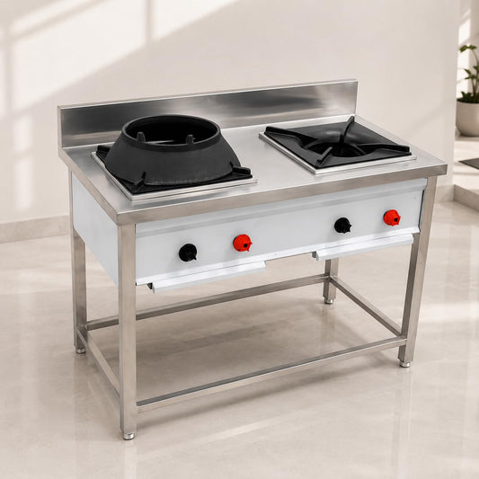 Gurubhai Equipments 2 Burner Stainless Steel Commercial Gas Stove with 1 Chinese Burner & 1 Single Burner Heavy Duty Cooking Range for Hotel Restaurant Catering Kitchen