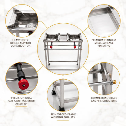Gurubhai Equipments Stainless Steel Folding Single Burner Gas Stove – Portable Bhatti Range with Side Wall & Control Valve | Ideal for Outdoor Catering, Food Stalls & Commercial Use
