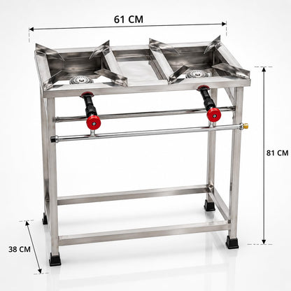 Gurubhai Equipments 2-Burner Stainless Steel Gas Stove | Commercial Heavy-Duty Cooking Range with Cast Iron Burners & Sturdy Frame | Ideal for Hotels, Restaurants & Outdoor Catering