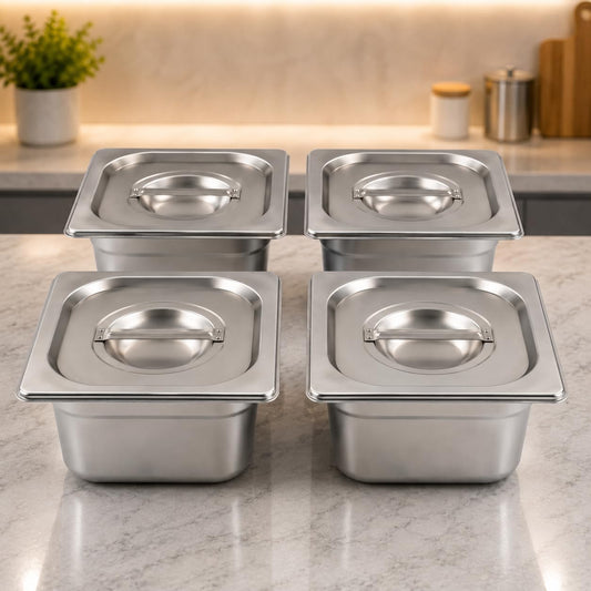 GURUBHAI EQUIPMENTS Stainless Steel 1/6 GN Pan with Lid – 100mm (4" Deep) Gastronorm Food Container | Easy-to-Clean Storage Solution for Commercial Kitchens, Restaurants & Catering (Set of 4)