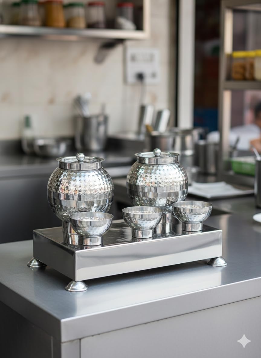 Gurubhai Equipments Hammered Stainless Steel Pani Puri Matka Set – 2 Water Matkas & 3 Serving Bowls