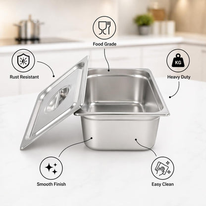 GURUBHAI EQUIPMENTS GN Pan Food Container 1/2 150 mm with lid Stainless Steel Gastronorm Pan with Lid, Easy-to-Clean Food Storage Solution for Commercial Kitchens & Catering Use