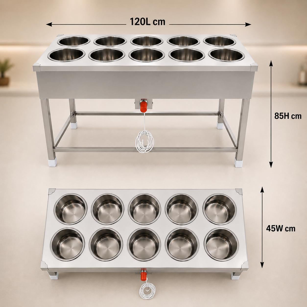 Gurubhai Equipments 10 Pot Electric Bain Marie Commercial Food Warmer Stainless Steel Steam Table Buffet Counter for Hotel Restaurant Catering