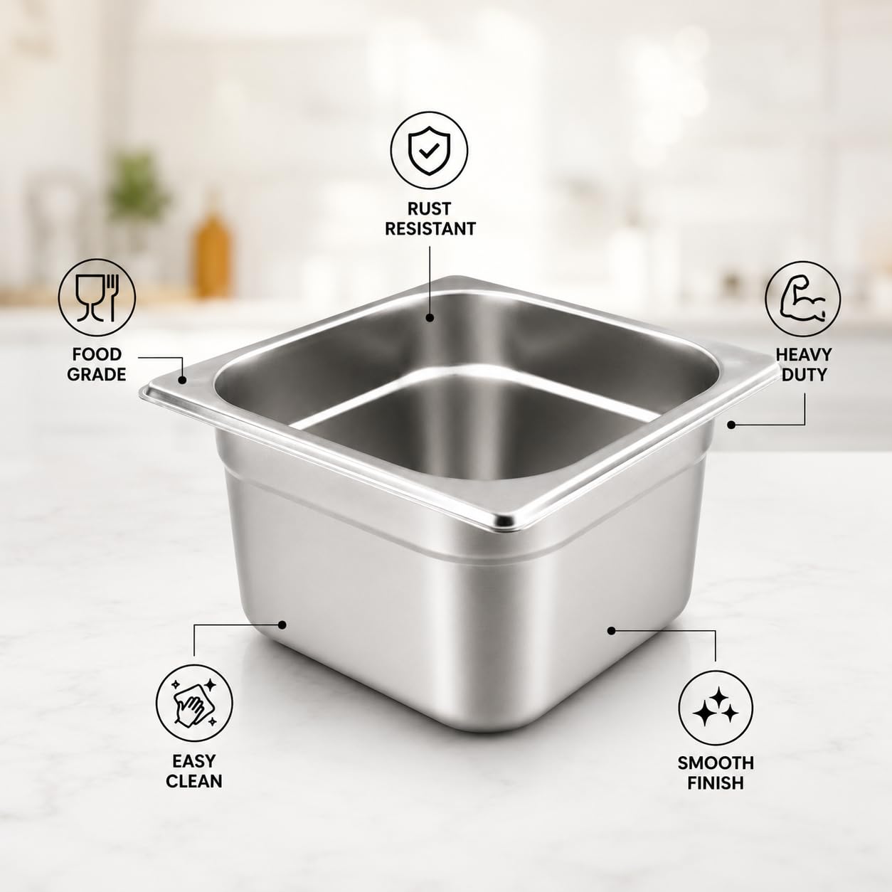 GURUBHAI EQUIPMENTS GN Pan 1/6 Size – 100mm (4" Deep) Stainless Steel Gastronorm Pans – Set of 2 | Commercial-Grade Food Containers for Kitchen, Buffet & Catering Use