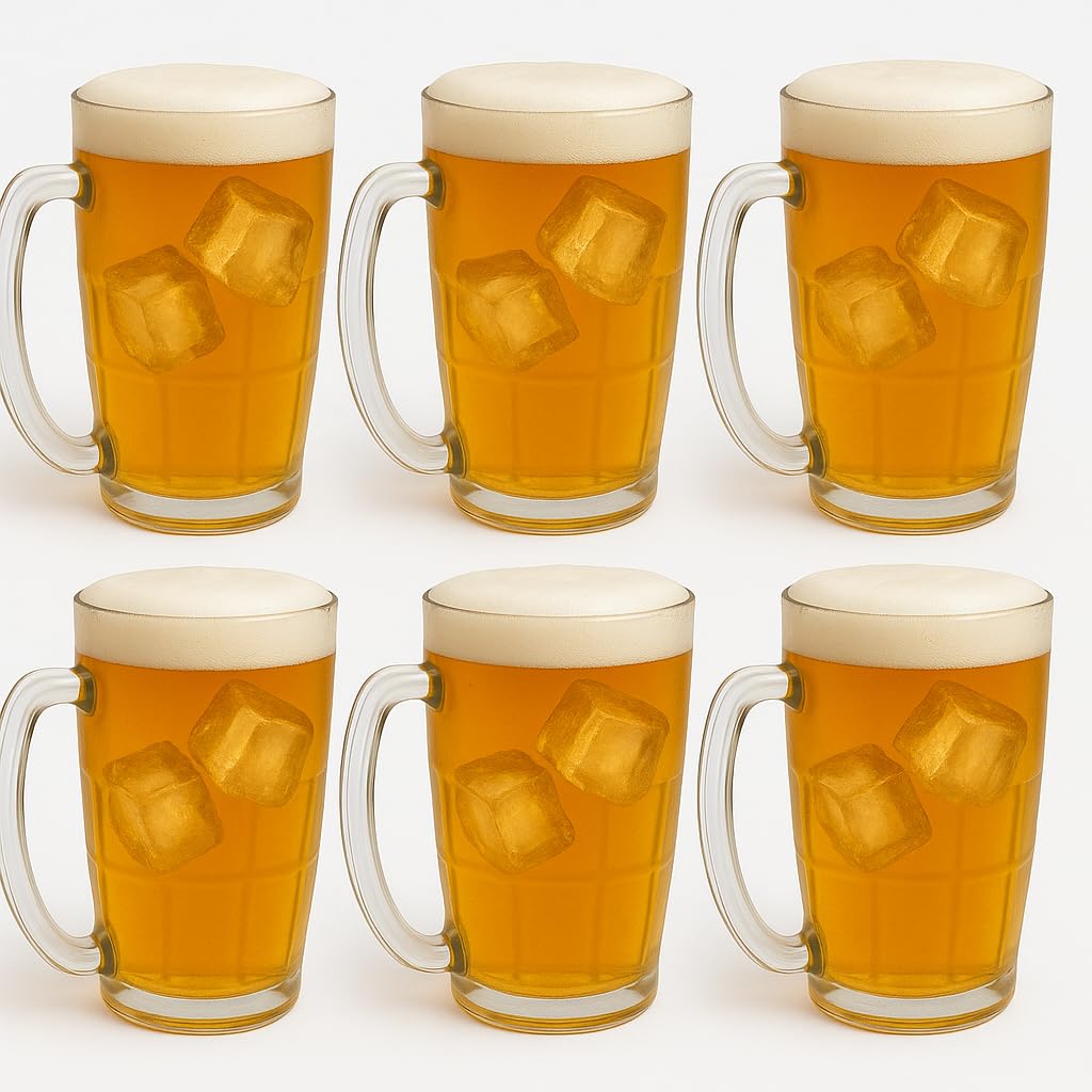 GURUBHAI EQUIPMENTS Beer Mug Set – 350 ml Transparent Fiber Glass Mugs with Handle – Set of 6 Unbreakable Glasses for Beer, Juice, Cocktails, Wine, Lemonade & Cider