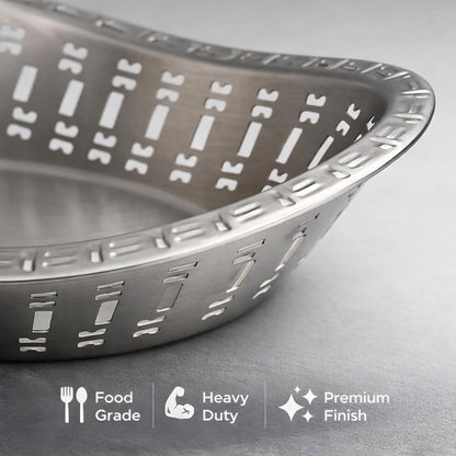 Gurubhai Equipments Stainless Steel Naan Serving Basket Set of 2 | Elegant Oval Bread Serving Basket with Intricate Laser-Cut Design | Ideal for Hotels, Restaurants, Catering & Home Dining