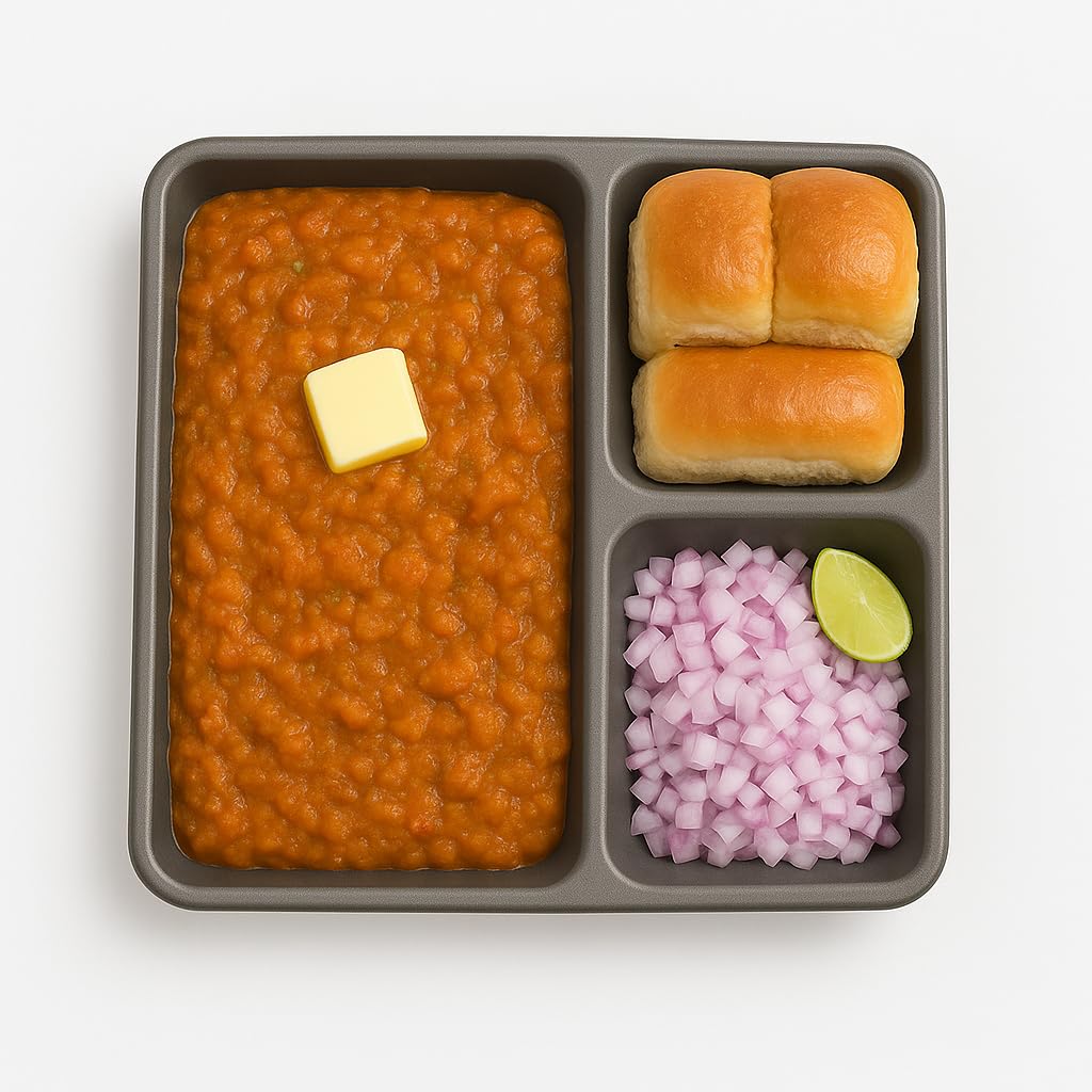 GURUBHAI EQUIPMENTS Plastic Pav Bhaji Plate 3 in 1 Partition Compartment Plate Set of 6 (23x23 Cm)