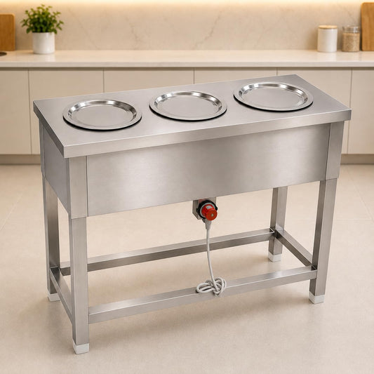 Gurubhai Equipments 3 Pot Electric Bain Marie Commercial Food Warmer Stainless Steel Steam Table Buffet Counter for Restaurant Catering