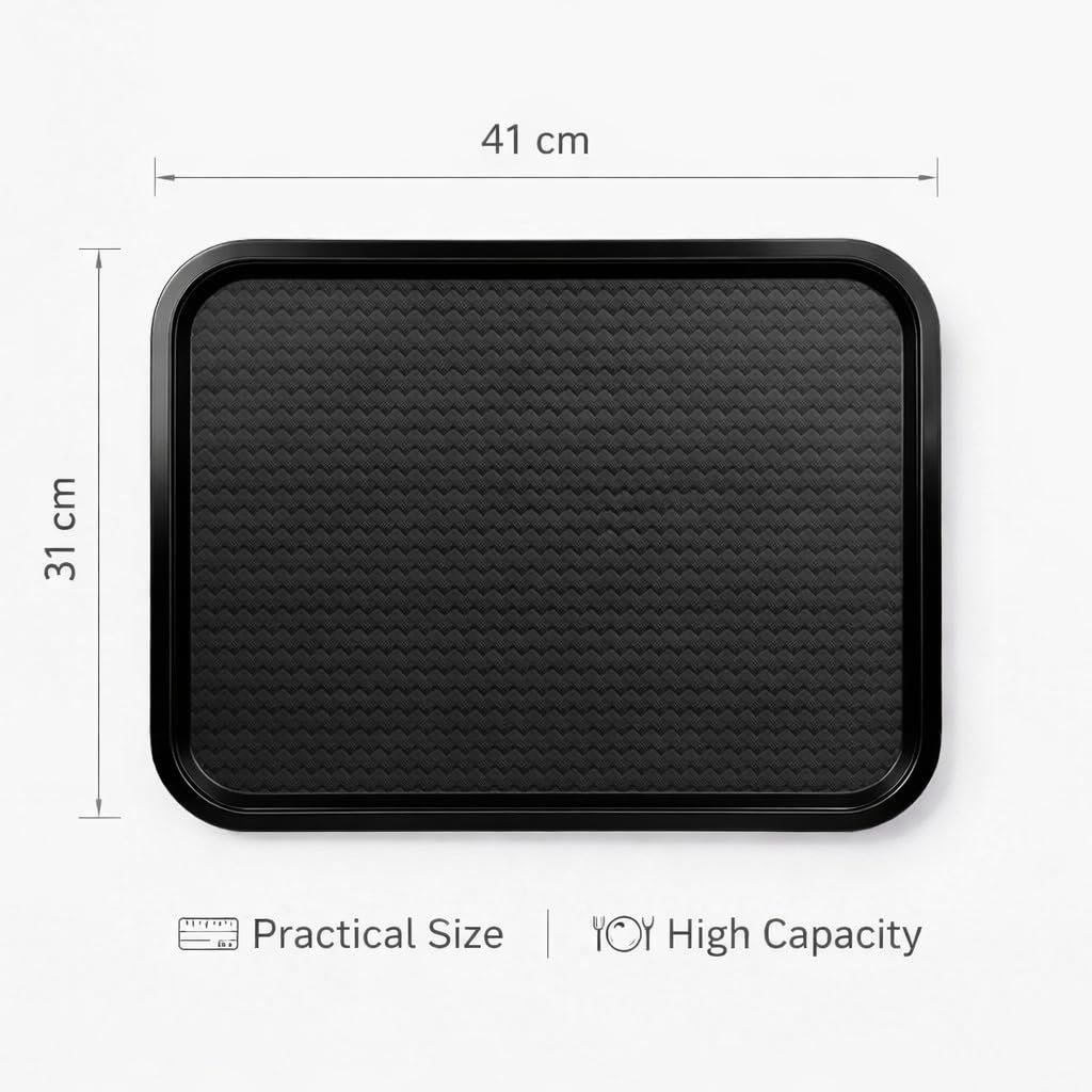 Gurubhai Equipments 31x41 cm Black Plastic Serving Tray – Set of 6 Heavy-Duty Rectangular Fast Food Trays for Restaurant, Cafeteria, Kitchen & Home Use | Easy-to-Clean, Non-Slip Food Serving Trays