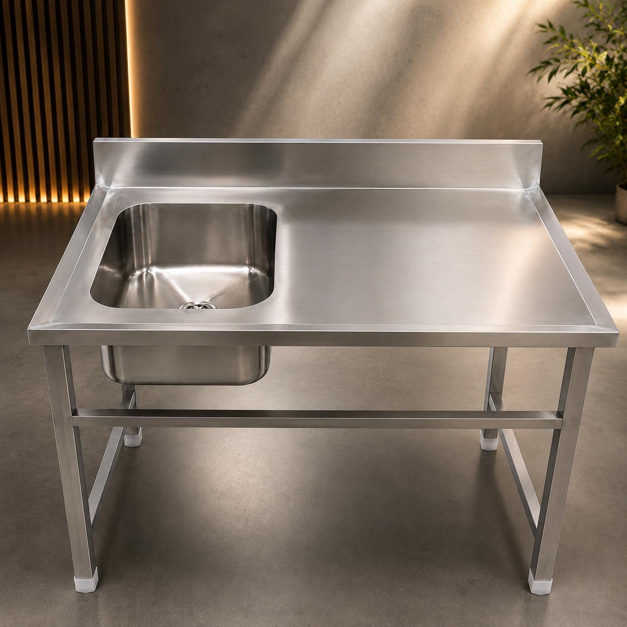 Gurubhai Equipments Stainless Steel Sink Table with Left Side Sink & Worktop | Heavy-Duty Commercial Kitchen Sink with Backsplash & Undercounter Space | Ideal for Restaurants, Hotels & Catering Use