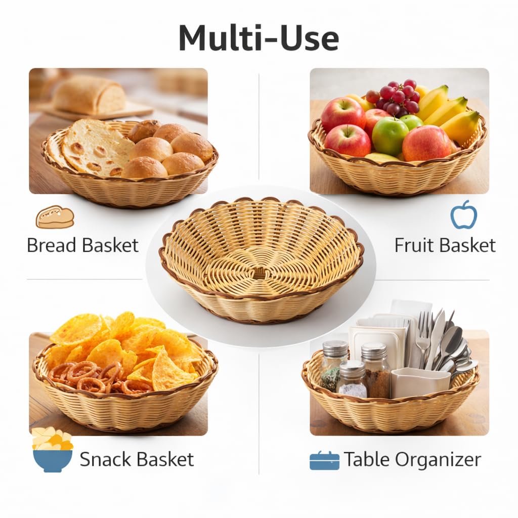 Gurubhai Equipments Multi-Use Wicker Serving Basket for Bread, Fruits & Snacks | Round Rattan Style Food Basket | Table Organizer for Home, Restaurants, Cafes & Hotels