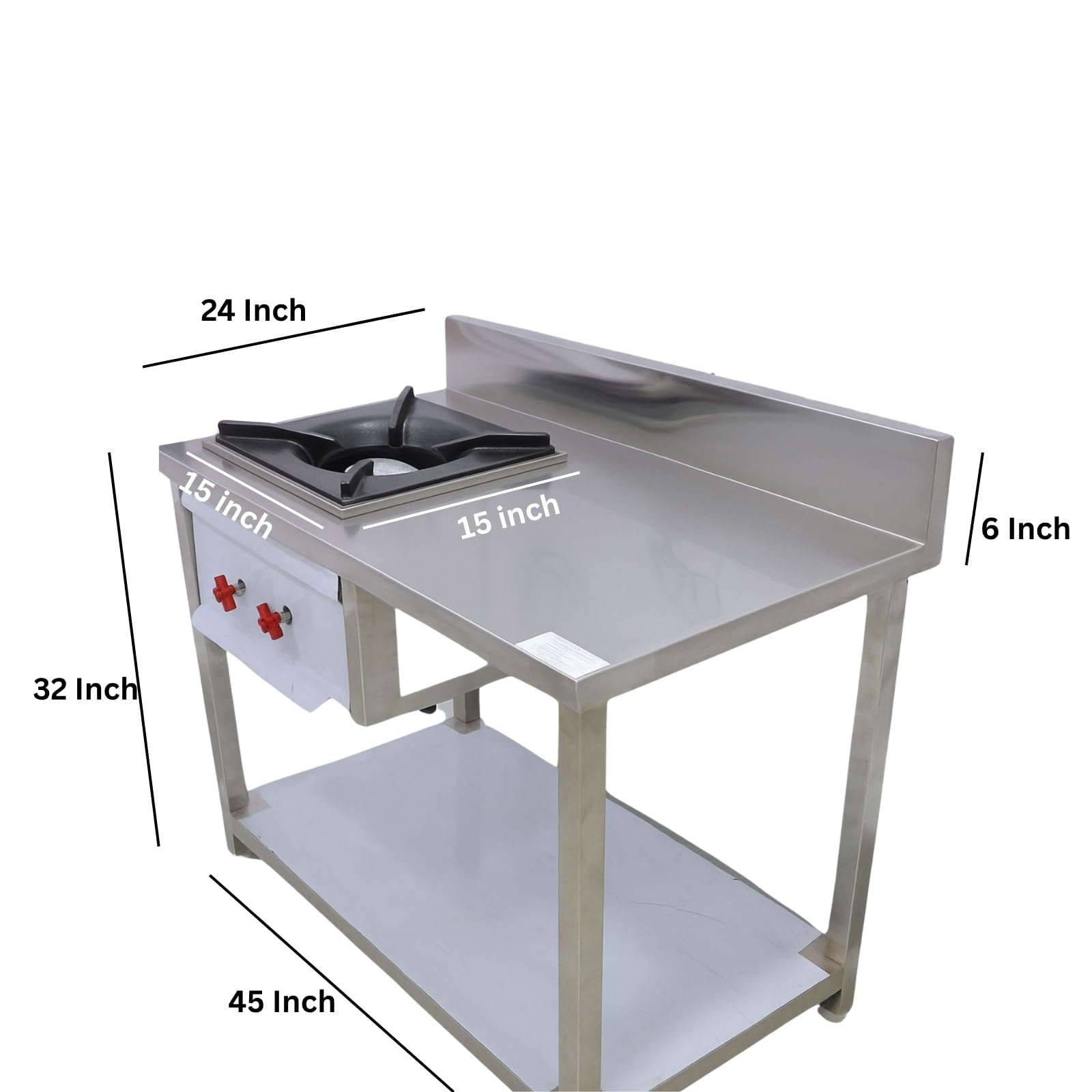 GURUBHAI EQUIPMENTS Stainless Steel Commercial Gas Burner Table – Single Burner Cooking Range with Worktop, Backsplash & Under Shelf | Heavy-Duty Cooking Station for Hotel, Restaurant