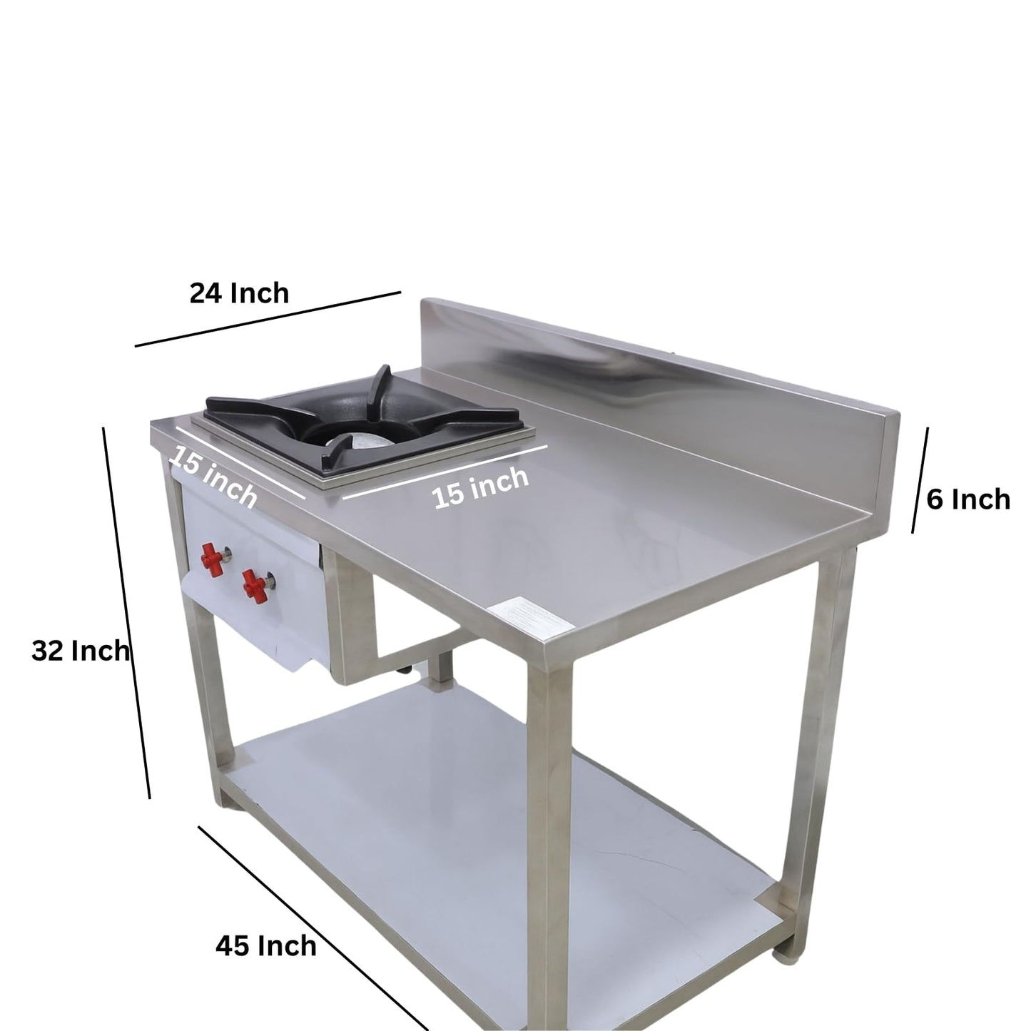 GURUBHAI EQUIPMENTS Stainless Steel Commercial Gas Burner Table – Single Burner Cooking Range with Worktop, Backsplash & Under Shelf | Heavy-Duty Cooking Station for Hotel, Restaurant
