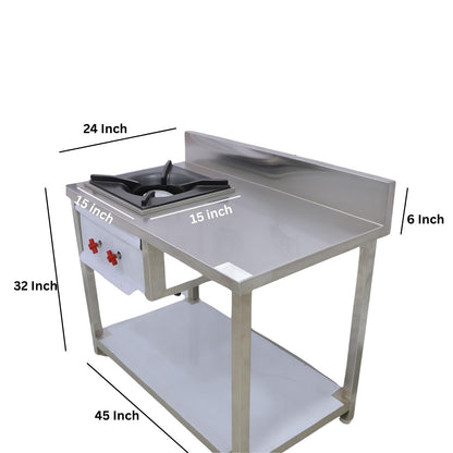 GURUBHAI EQUIPMENTS Stainless Steel Commercial Gas Burner Table – Single Burner Cooking Range with Worktop, Backsplash & Under Shelf | Heavy-Duty Cooking Station for Hotel, Restaurant