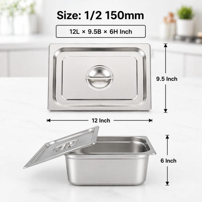 GURUBHAI EQUIPMENTS GN Pan Food Container 1/2 150 mm with lid Stainless Steel Gastronorm Pan with Lid, Easy-to-Clean Food Storage Solution for Commercial Kitchens & Catering Use