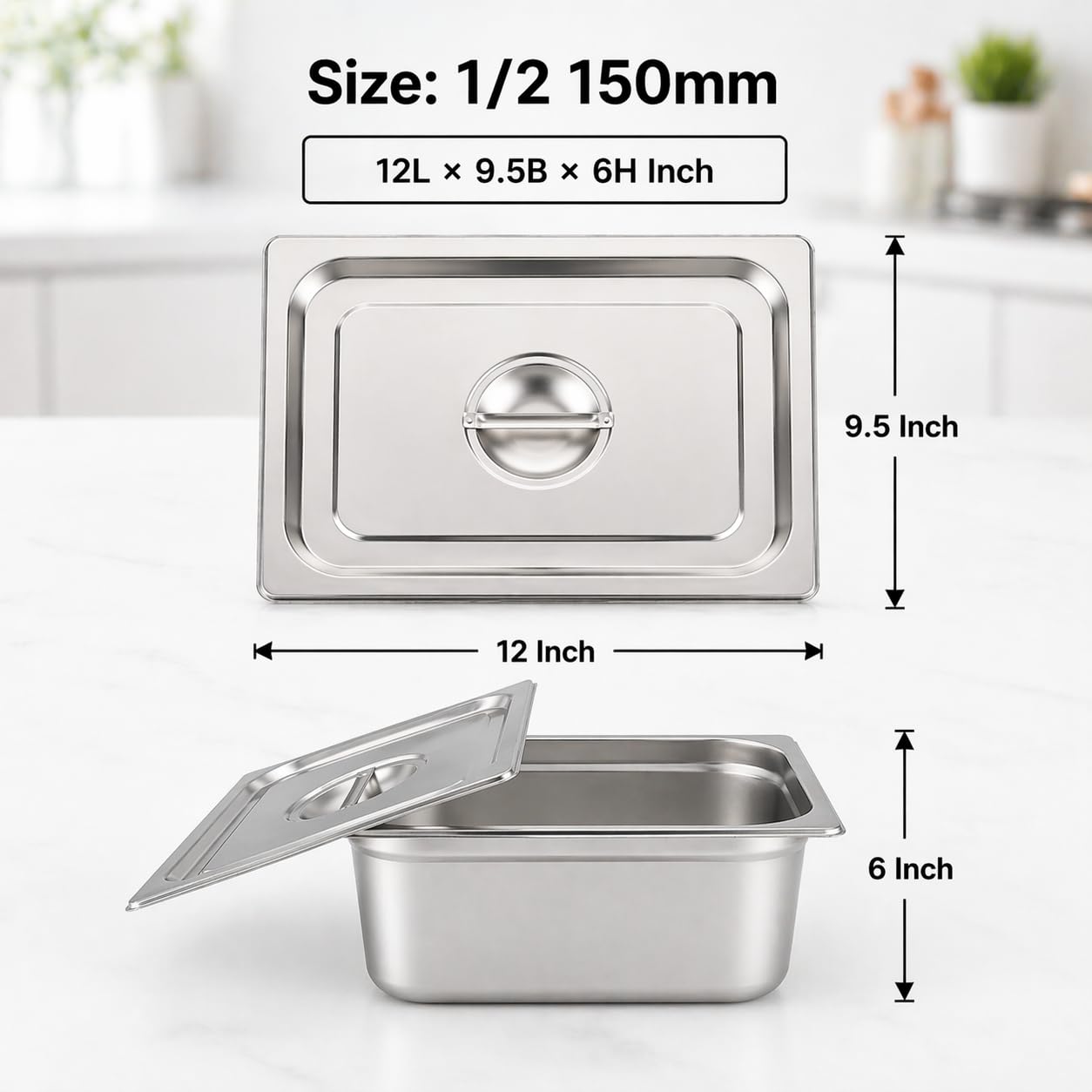 GURUBHAI EQUIPMENTS GN Pan Food Container 1/2 150 mm with lid Stainless Steel Gastronorm Pan with Lid, Easy-to-Clean Food Storage Solution for Commercial Kitchens & Catering Use