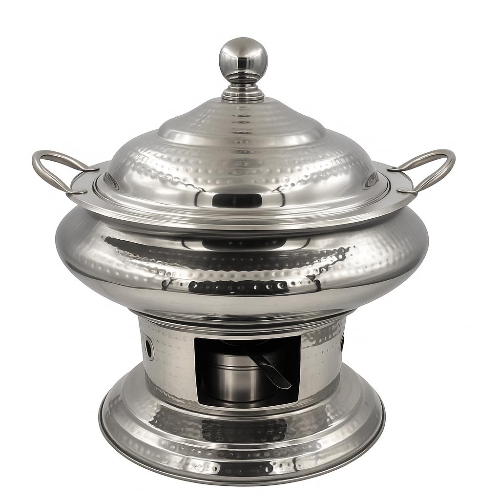 Gurubhai Equipments Premium Gold Finish Chafing Dish with Lid – Round Buffet Food Warmer with Fuel Burner | Elegant Hot Serving Chafer for Catering, Hotel, Restaurant & Party Use