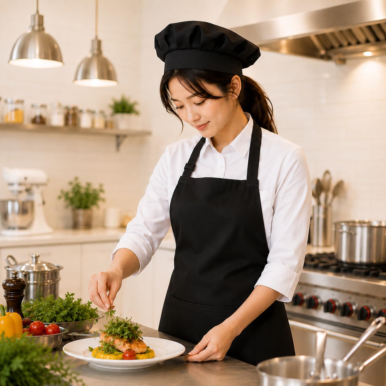 GURUBHAI EQUIPMENTS Black Chef Apron with Hat Set | Adjustable Kitchen Apron with Front Pocket for Men & Women | Professional Cooking Uniform for Restaurants, Cafés & Catering Use