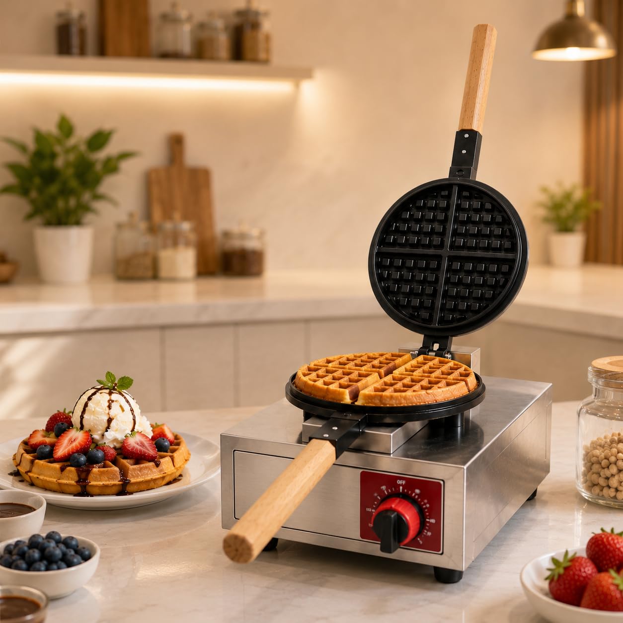 Gurubhai Equipments Wooden Handle Round Belgian Gas Waffle, Machine Commercial Belgian Waffle Maker, Heavy Duty Waffle Baker for Cafe Bakery