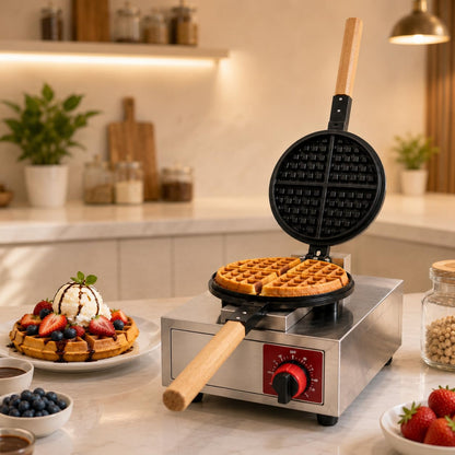 Gurubhai Equipments Wooden Handle Round Belgian Gas Waffle, Machine Commercial Belgian Waffle Maker, Heavy Duty Waffle Baker for Cafe Bakery