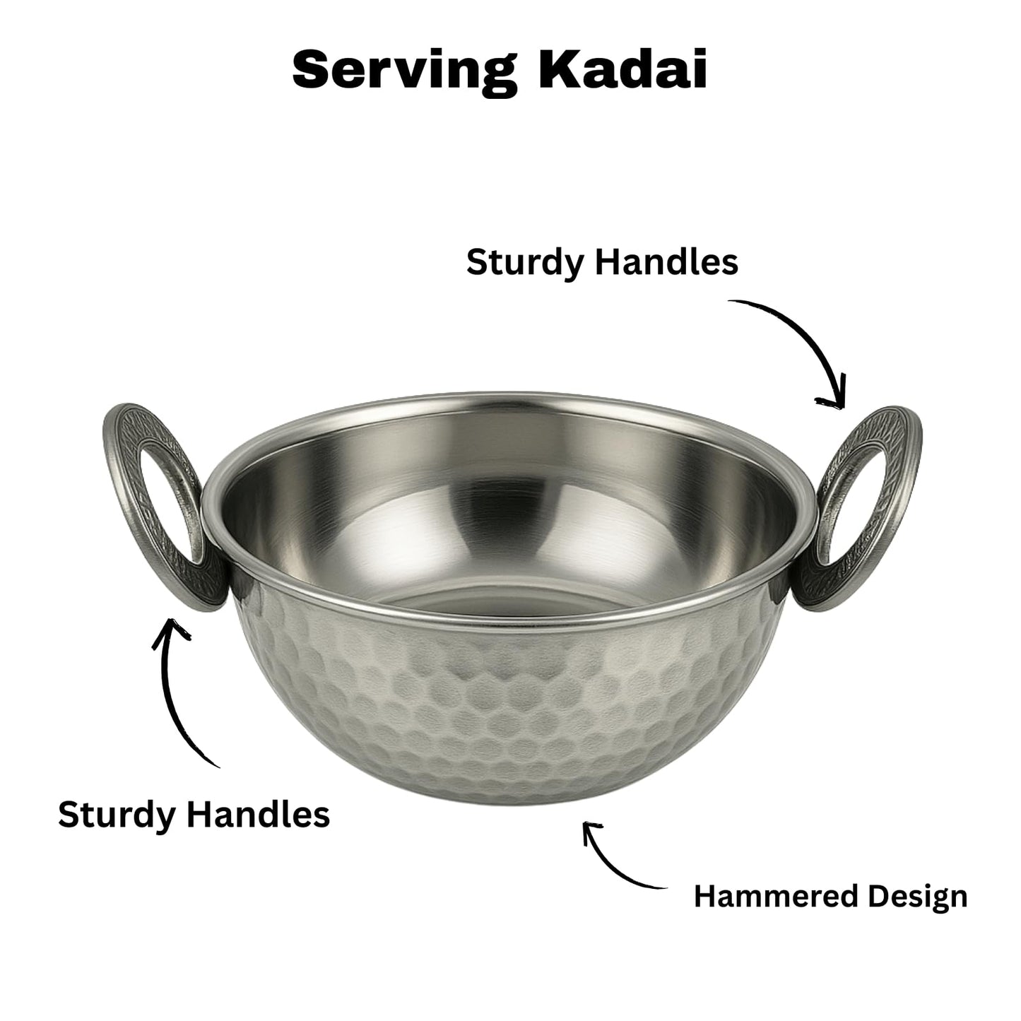 GURUBHAI EQUIPMENTS Stainless Steel Hammered Kadai Set of 6 | Double-Layer Insulated Serving Kadai for Restaurants & Home | Curry Gravy Serveware
