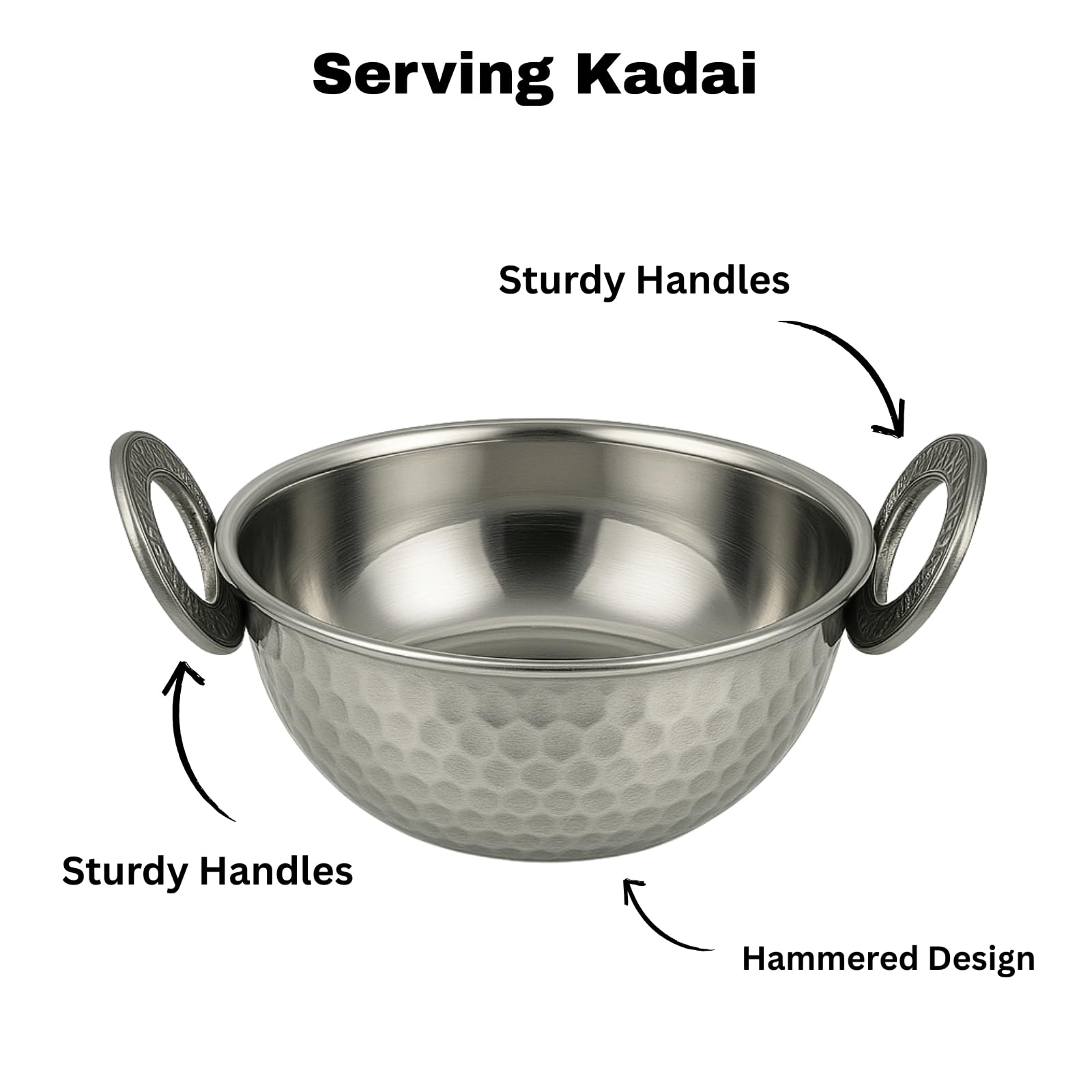 GURUBHAI EQUIPMENTS Stainless Steel Hammered Kadai Set of 6 | Double-Layer Insulated Serving Kadai for Restaurants & Home | Curry Gravy Serveware